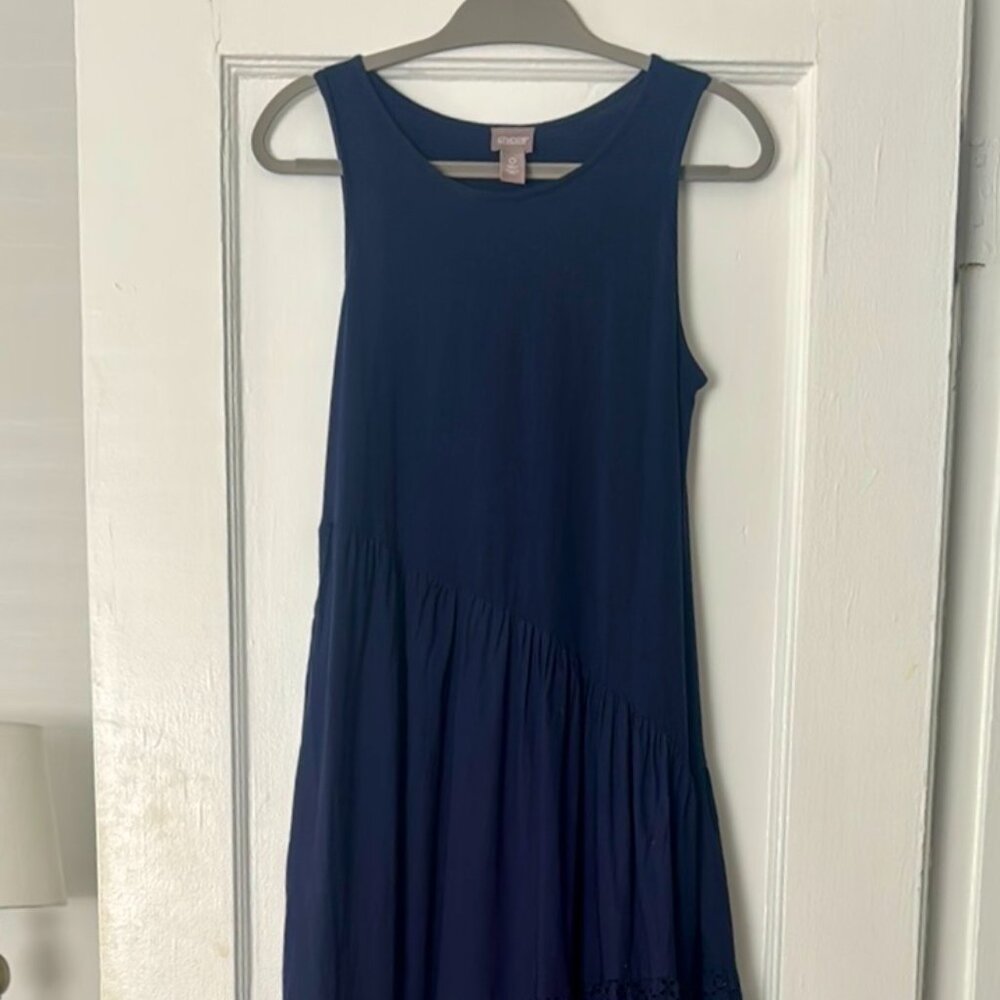 Chicos Navy Blue Sleeveless Crew Neck Sundress with Texture at Bottom - Picture 4 of 15